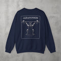 Navy Auramemnon Crewneck by The No Rep Society, flat lay on grey concrete, back print of a caped warrior in a plumed helmet pressing a loaded barbell overhead under AURAMEMNON lettering.