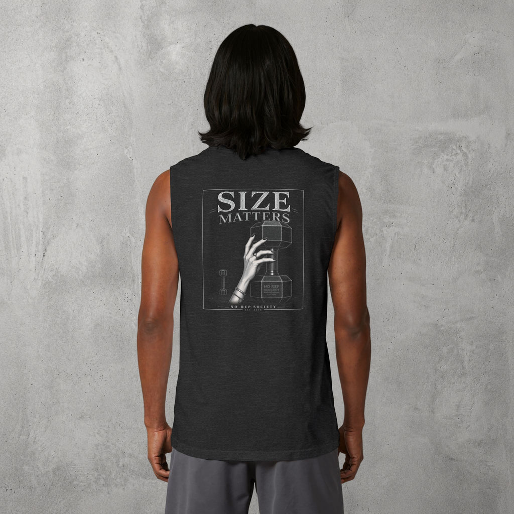 Dark Grey Heather Size Matters Muscle Tank worn by a female model, back view showing the Size Matters print.