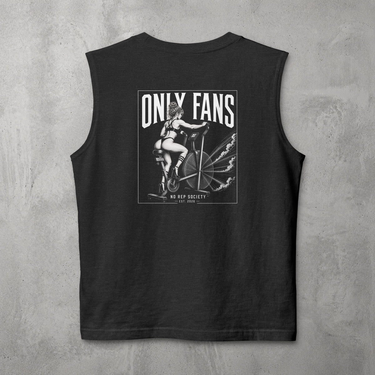 Black Only Fans Muscle Tank by The No Rep Society, flat lay on grey concrete showing the ONLY FANS back print and the cutoff sleeves.