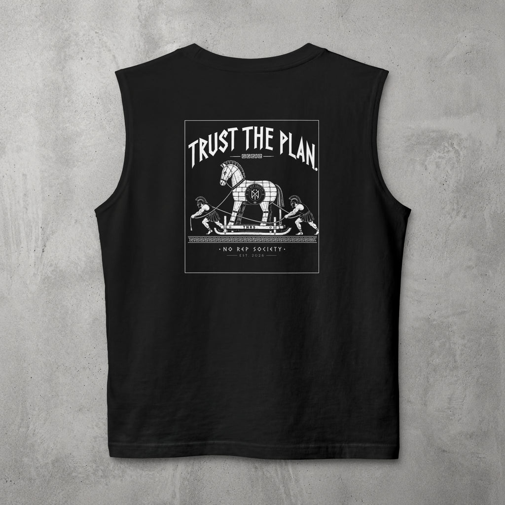 Black Trust The Plan Muscle Tank by The No Rep Society, flat lay on grey concrete, back print of the Trojan Horse with figures around it under TRUST THE PLAN lettering.