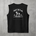 Black Trust The Plan Muscle Tank by The No Rep Society, flat lay on grey concrete, back print of the Trojan Horse with figures around it under TRUST THE PLAN lettering.