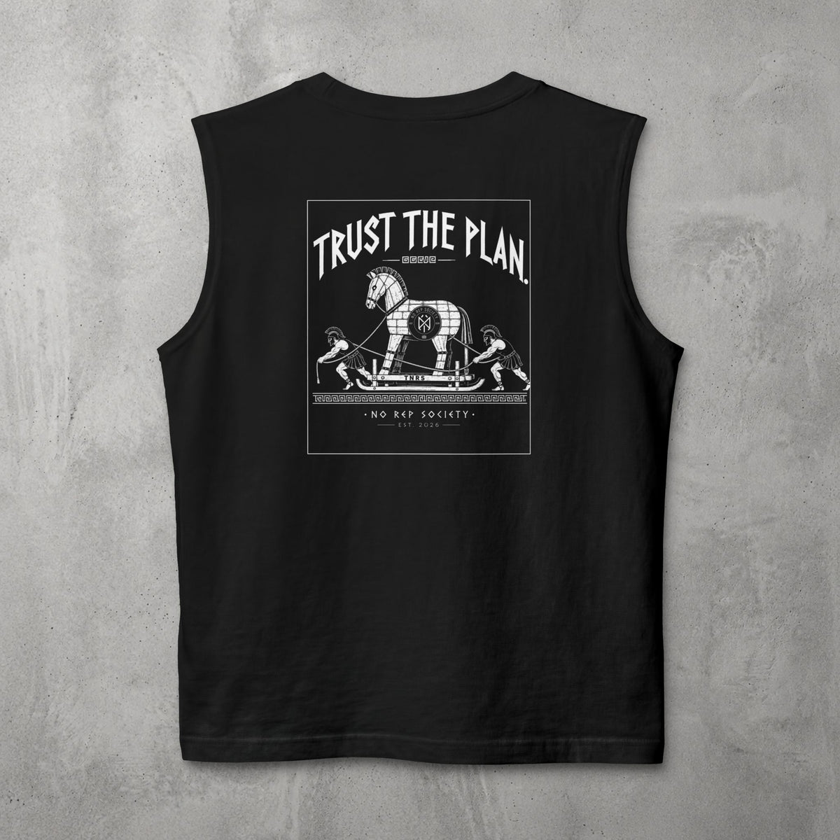 Black Trust The Plan Muscle Tank by The No Rep Society, flat lay on grey concrete, back print of the Trojan Horse with figures around it under TRUST THE PLAN lettering.