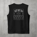 Black RO! RO! RO! Viking (WOMEN) Muscle Tank by The No Rep Society, flat lay on grey concrete, back print of a Viking longship with rows of oarsmen under sail beneath RO! RO! RO! lettering.