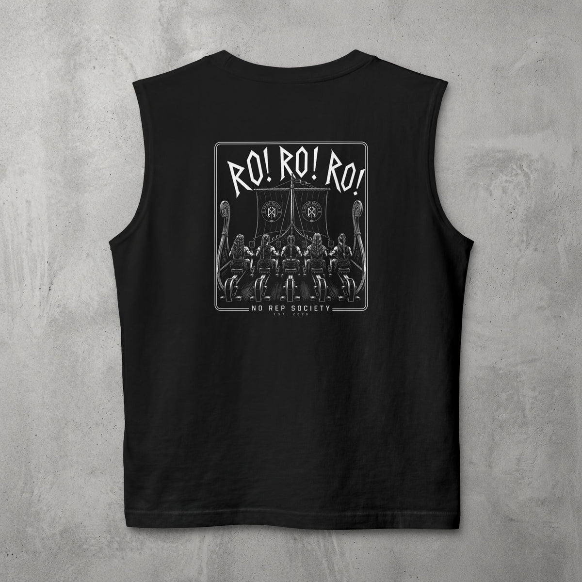 Black RO! RO! RO! Viking (WOMEN) Muscle Tank by The No Rep Society, flat lay on grey concrete, back print of a Viking longship with rows of oarsmen under sail beneath RO! RO! RO! lettering.