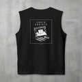 Black Chalk Addicts Muscle Tank by The No Rep Society, flat lay on grey concrete, back print of an open bag of gym chalk spilling across a bordered frame under CHALK ADDICTS lettering.