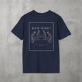 Navy Group Therapy Tee by The No Rep Society, flat lay on grey concrete, back print of a circle of exhausted figures collapsed on the floor under GROUP THERAPY lettering.