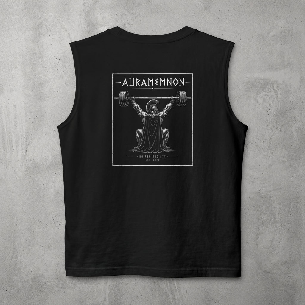 Black Auramemnon Muscle Tank by The No Rep Society, flat lay on grey concrete, back print of a caped warrior in a plumed helmet pressing a loaded barbell overhead under AURAMEMNON lettering.