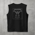 Black Auramemnon Muscle Tank by The No Rep Society, flat lay on grey concrete, back print of a caped warrior in a plumed helmet pressing a loaded barbell overhead under AURAMEMNON lettering.