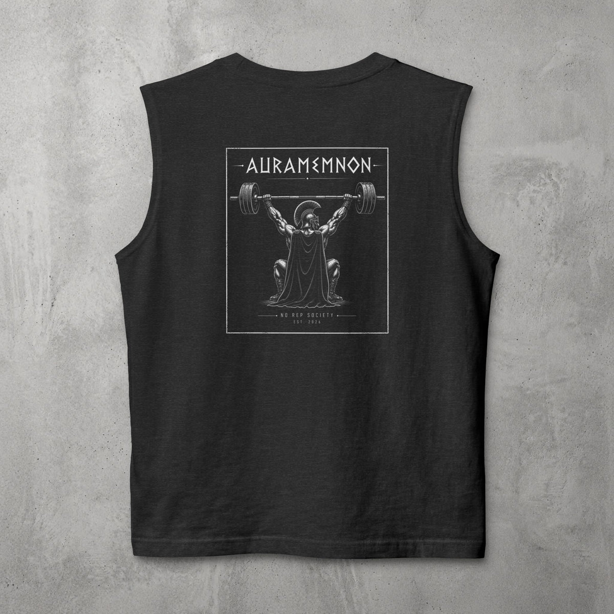 Dark Grey Heather Auramemnon Muscle Tank by The No Rep Society, flat lay on grey concrete, back print of a caped warrior in a plumed helmet pressing a loaded barbell overhead under AURAMEMNON lettering.