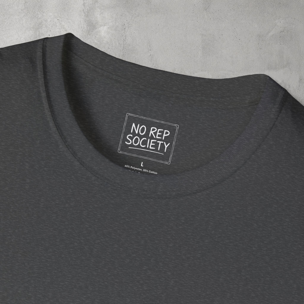 Close-up of the inner neck label of the Dark Heather Destroyer of WODs (MEN) Tee reading NO REP SOCIETY.