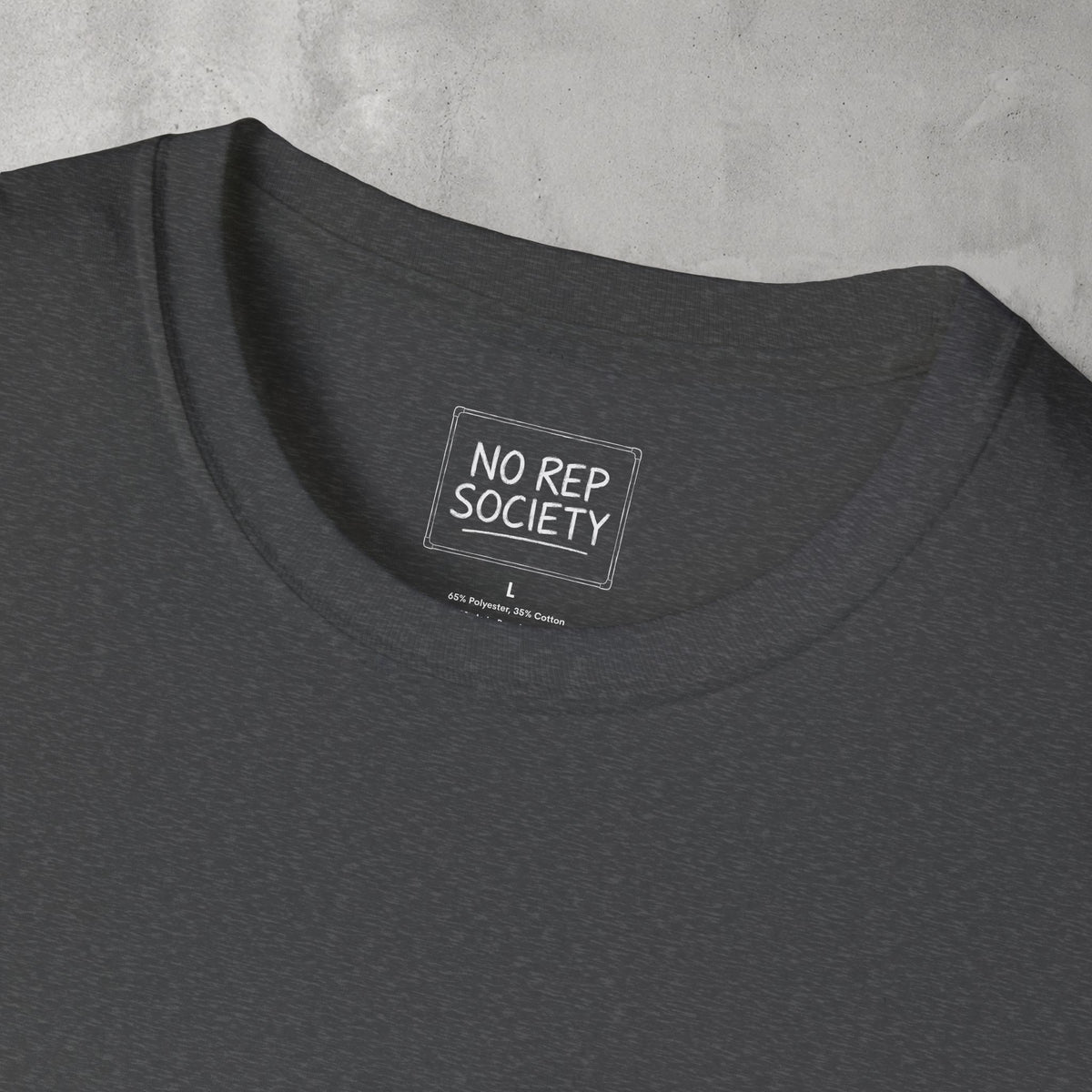 Close-up of the inner neck label of the Dark Heather Destroyer of WODs (MEN) Tee reading NO REP SOCIETY.