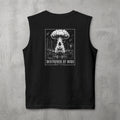 Black Destroyer of WODs (WOMEN) Muscle Tank by The No Rep Society, flat lay on grey concrete, back print of a mushroom cloud rising over a lone figure under a DESTROYER OF WODS banner.
