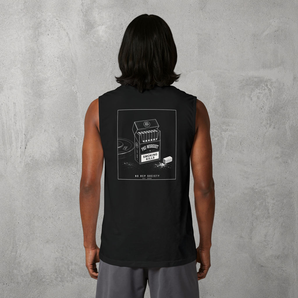 Black Pre-Workout Muscle Tank worn by a female model, back view showing the Pre-Workout print.