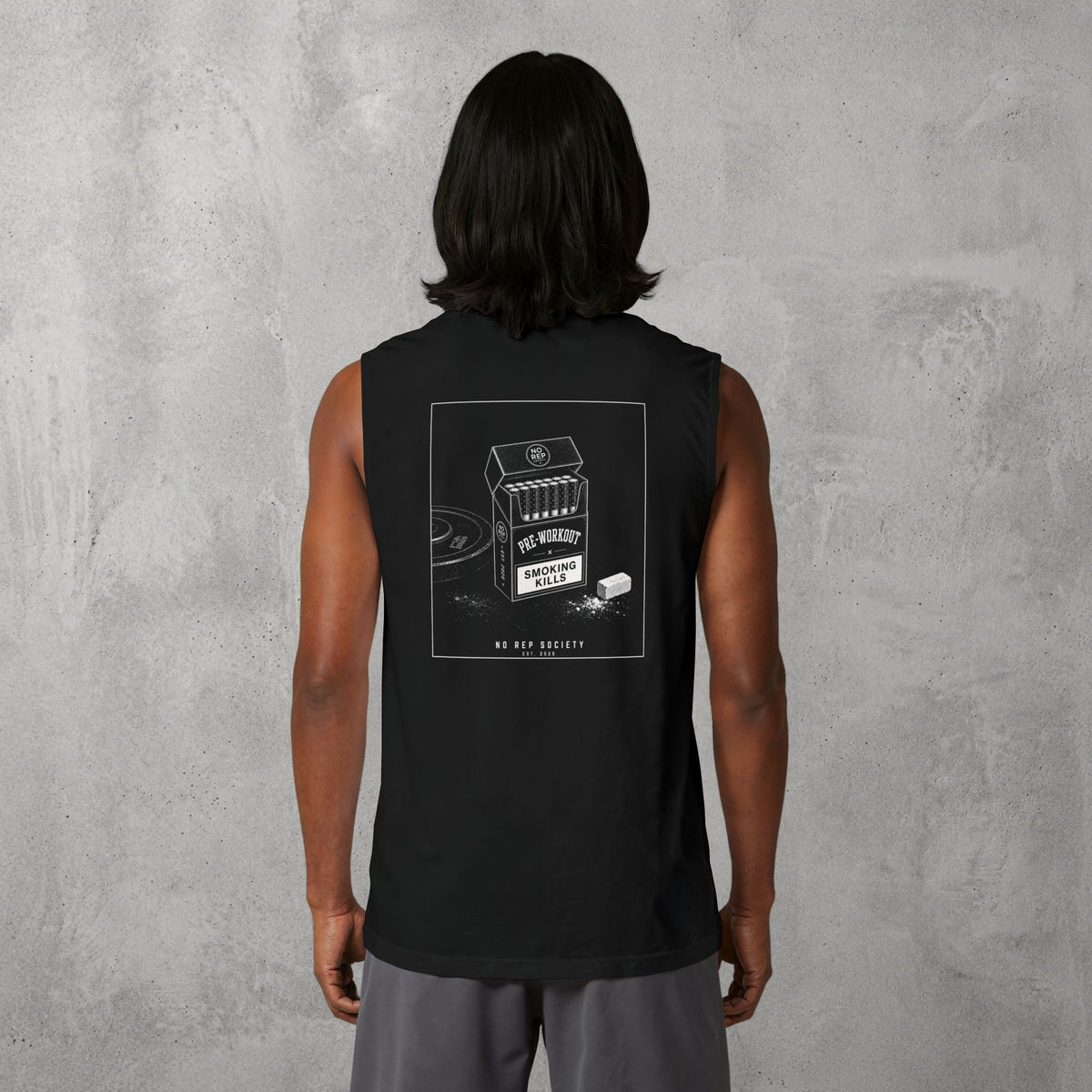 Black Pre-Workout Muscle Tank worn by a female model, back view showing the Pre-Workout print.
