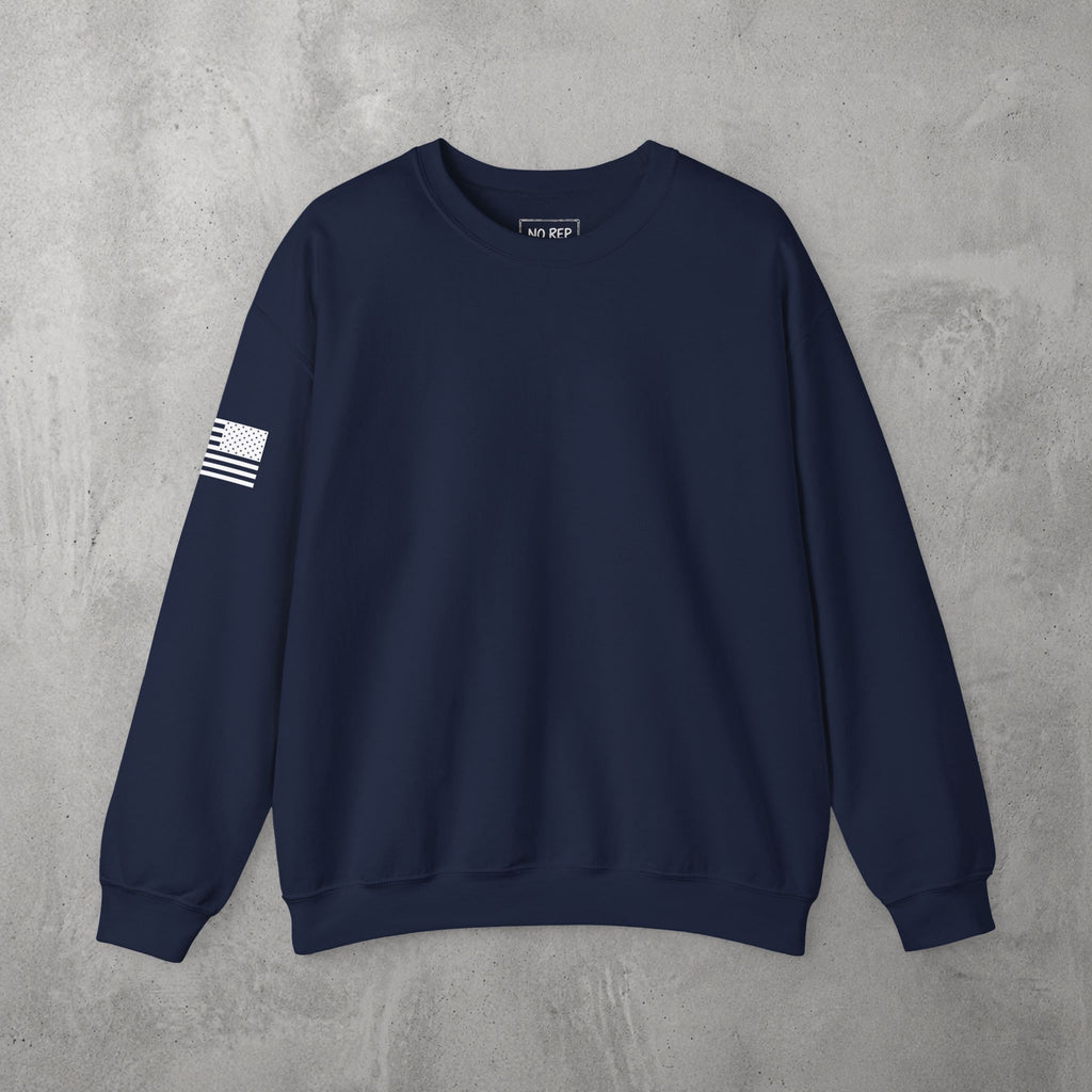 Navy Rest A Minute Crewneck by The No Rep Society, plain front view with no print, flat lay on grey concrete.