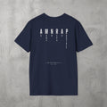 Navy AMNRAP Tee by The No Rep Society, flat lay on grey concrete, back print of AMNRAP in wide spaced capitals with AS MANY NO-REPS AS POSSIBLE set vertically between the letters.