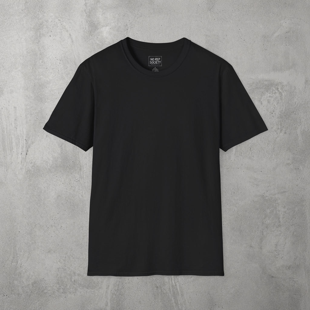 Black AMNRAP Tee by The No Rep Society, plain front view with no print, flat lay on grey concrete.