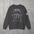 Dark Heather Energy Saving Mode Crewneck by The No Rep Society, flat lay on grey concrete, back print of a sloth hanging from a loaded barbell in a squat rack under ENERGY SAVING MODE lettering.