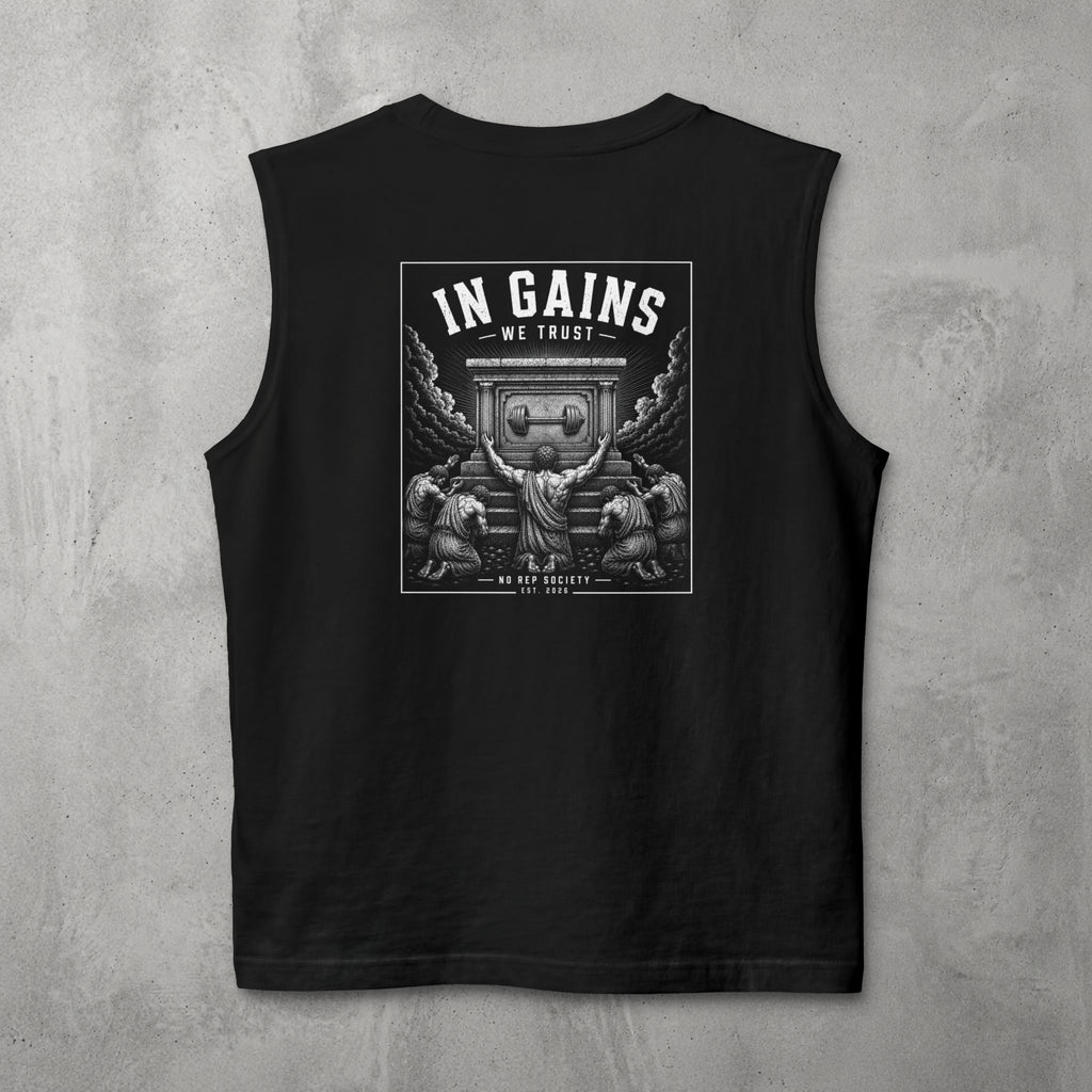 Black In Gains We Trust Muscle Tank by The No Rep Society, flat lay on grey concrete, back print of an ornate temple facade with two kneeling figures and laurel branches under IN GAINS WE TRUST lettering.