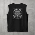 Black In Gains We Trust Muscle Tank by The No Rep Society, flat lay on grey concrete, back print of an ornate temple facade with two kneeling figures and laurel branches under IN GAINS WE TRUST lettering.