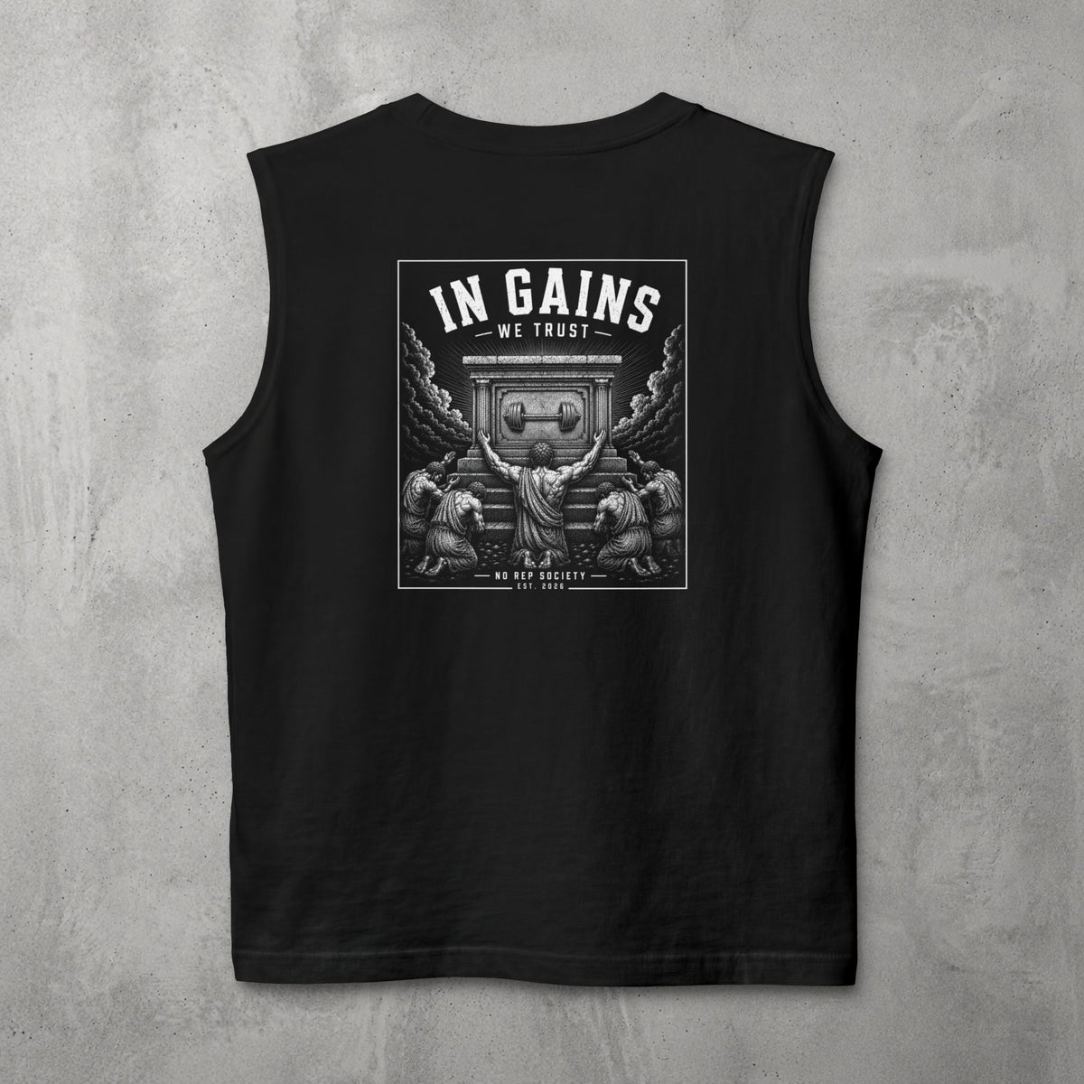 Black In Gains We Trust Muscle Tank by The No Rep Society, flat lay on grey concrete, back print of an ornate temple facade with two kneeling figures and laurel branches under IN GAINS WE TRUST lettering.