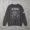 Dark Heather In Gains We Trust Crewneck by The No Rep Society, flat lay on grey concrete, back print of an ornate temple facade with two kneeling figures and laurel branches under IN GAINS WE TRUST lettering.