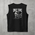 Black Only Fans Muscle Tank by The No Rep Society, flat lay on grey concrete, back print of a pin-up figure seated on a large industrial fan inside a bordered frame under ONLY FANS lettering.