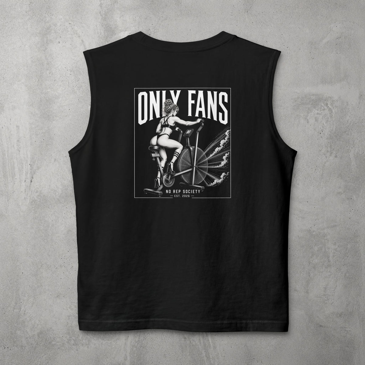 Black Only Fans Muscle Tank by The No Rep Society, flat lay on grey concrete, back print of a pin-up figure seated on a large industrial fan inside a bordered frame under ONLY FANS lettering.