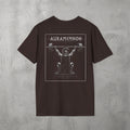 Dark Chocolate Auramemnon Tee by The No Rep Society, flat lay on grey concrete, back print of a caped warrior in a plumed helmet pressing a loaded barbell overhead under AURAMEMNON lettering.