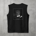 Black Pre-Workout Muscle Tank by The No Rep Society, flat lay on grey concrete, back print of an open cigarette pack labelled PRE-WORKOUT with a SMOKING KILLS warning and a scoop spilling powder.