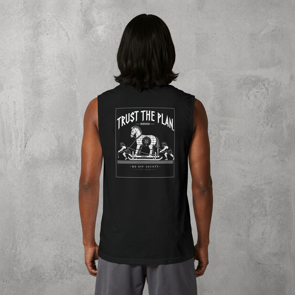 Black Trust The Plan Muscle Tank worn by a female model, back view showing the Trust The Plan print.