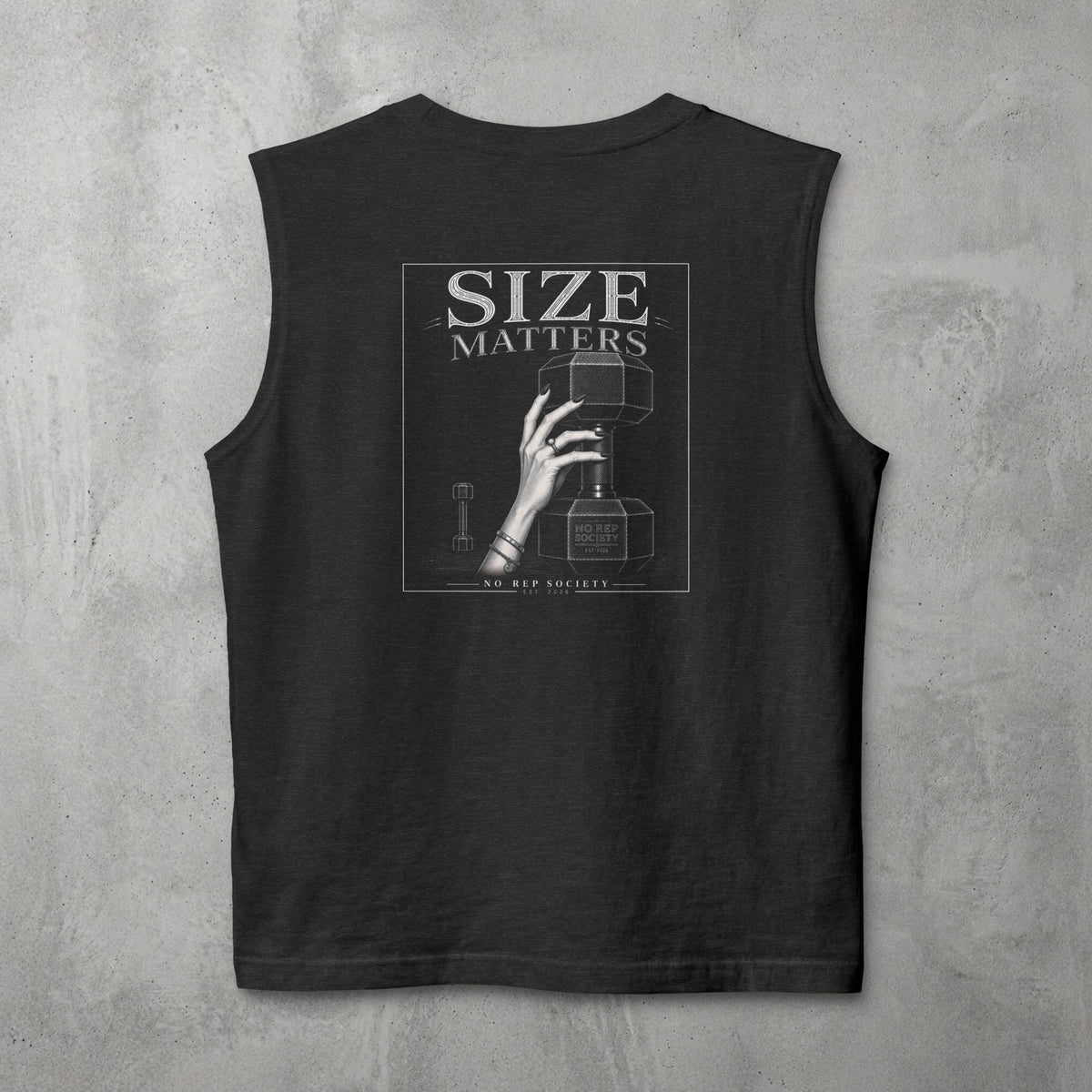 Dark Grey Heather Size Matters Muscle Tank by The No Rep Society, flat lay on grey concrete, back print of a hand gripping a large weight plate under SIZE MATTERS lettering.