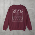 Maroon RO! RO! RO! Viking Crewneck by The No Rep Society, flat lay on grey concrete, back print of a Viking longship with rows of oarsmen under sail beneath RO! RO! RO! lettering.