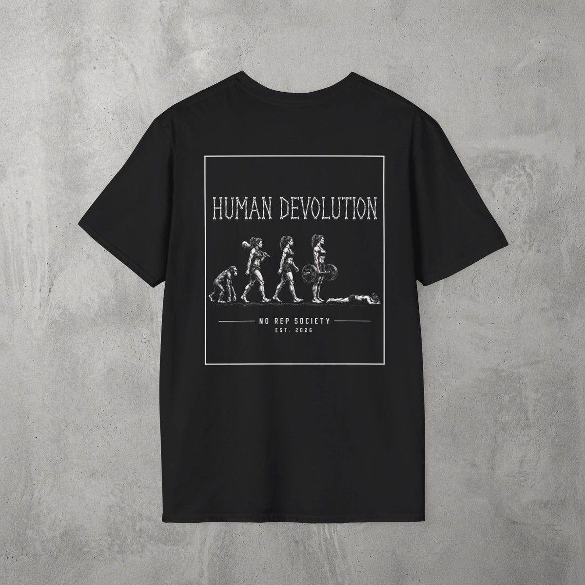 Black Human Devolution (WOMEN) Tee by The No Rep Society, flat lay on grey concrete, back print of evolution silhouettes ending face-down on the floor under HUMAN DEVOLUTION lettering.