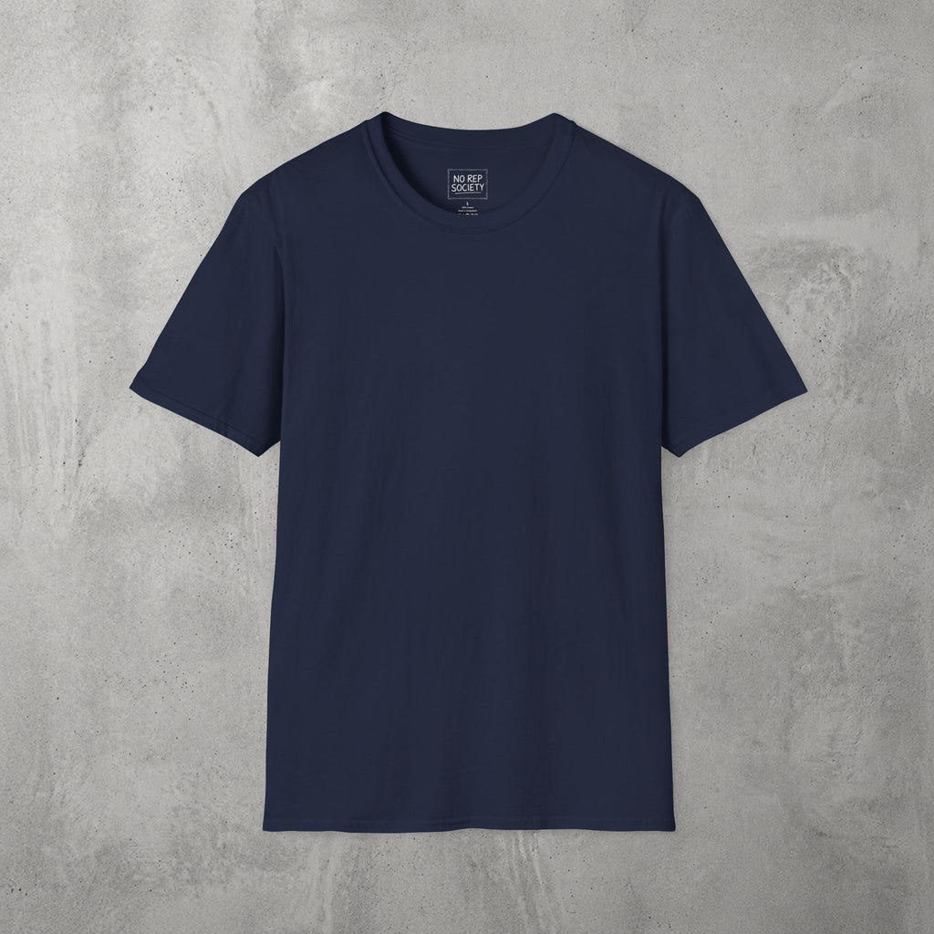 Navy AMNRAP Tee by The No Rep Society, plain front view with no print, flat lay on grey concrete.