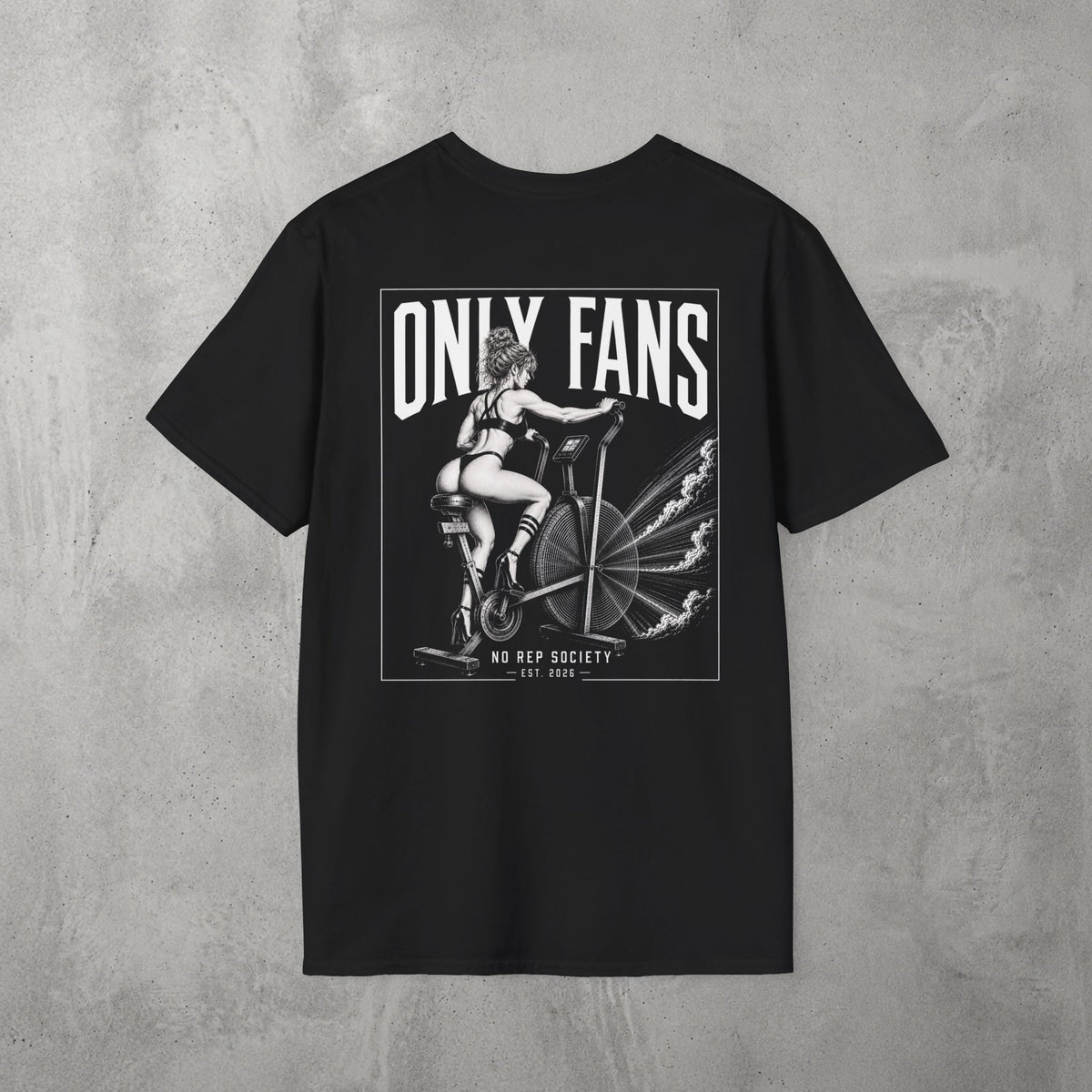 Black Only Fans Tee by The No Rep Society, flat lay on grey concrete, back print of a pin-up figure seated on a large industrial fan inside a bordered frame under ONLY FANS lettering.