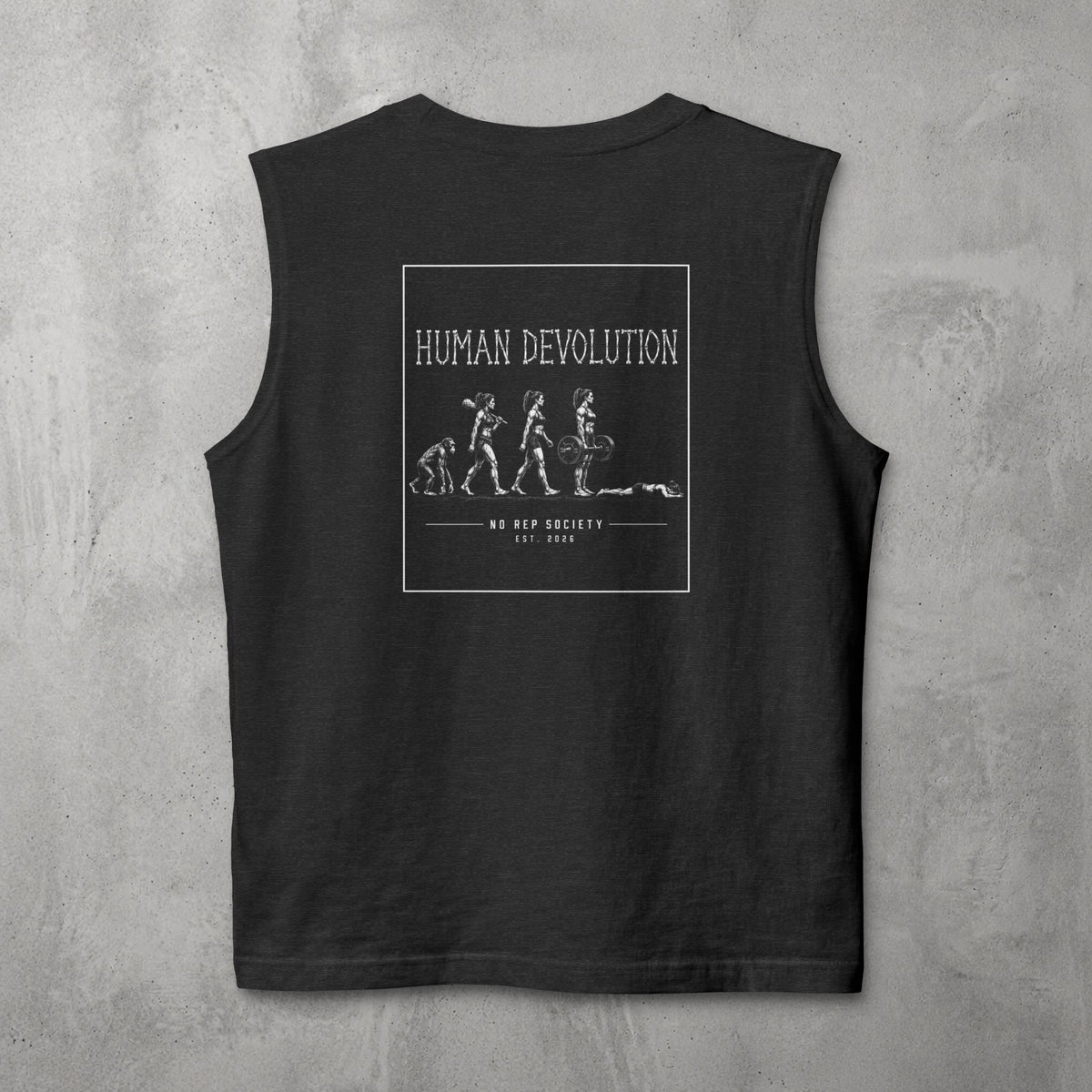 Dark Grey Heather Human Devolution (WOMEN) Muscle Tank by The No Rep Society, flat lay on grey concrete, back print of evolution silhouettes ending face-down on the floor under HUMAN DEVOLUTION lettering.