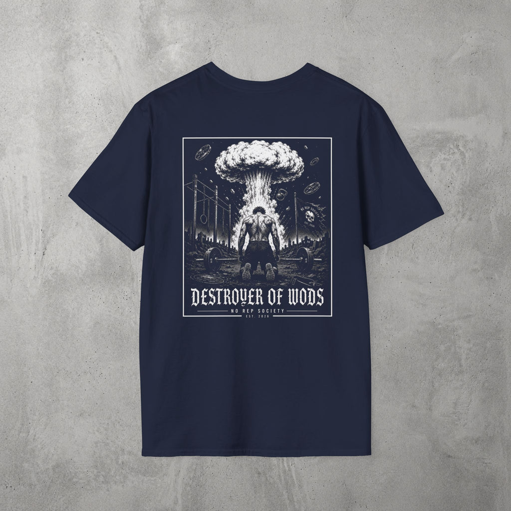 Navy Destroyer of WODs (MEN) Tee by The No Rep Society, flat lay on grey concrete, back print of a mushroom cloud rising over a lone figure under a DESTROYER OF WODS banner.