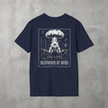 Navy Destroyer of WODs (MEN) Tee by The No Rep Society, flat lay on grey concrete, back print of a mushroom cloud rising over a lone figure under a DESTROYER OF WODS banner.