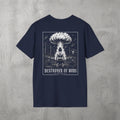 Navy Destroyer of WODs (WOMEN) Tee by The No Rep Society, flat lay on grey concrete, back print of a mushroom cloud rising over a lone figure under a DESTROYER OF WODS banner.