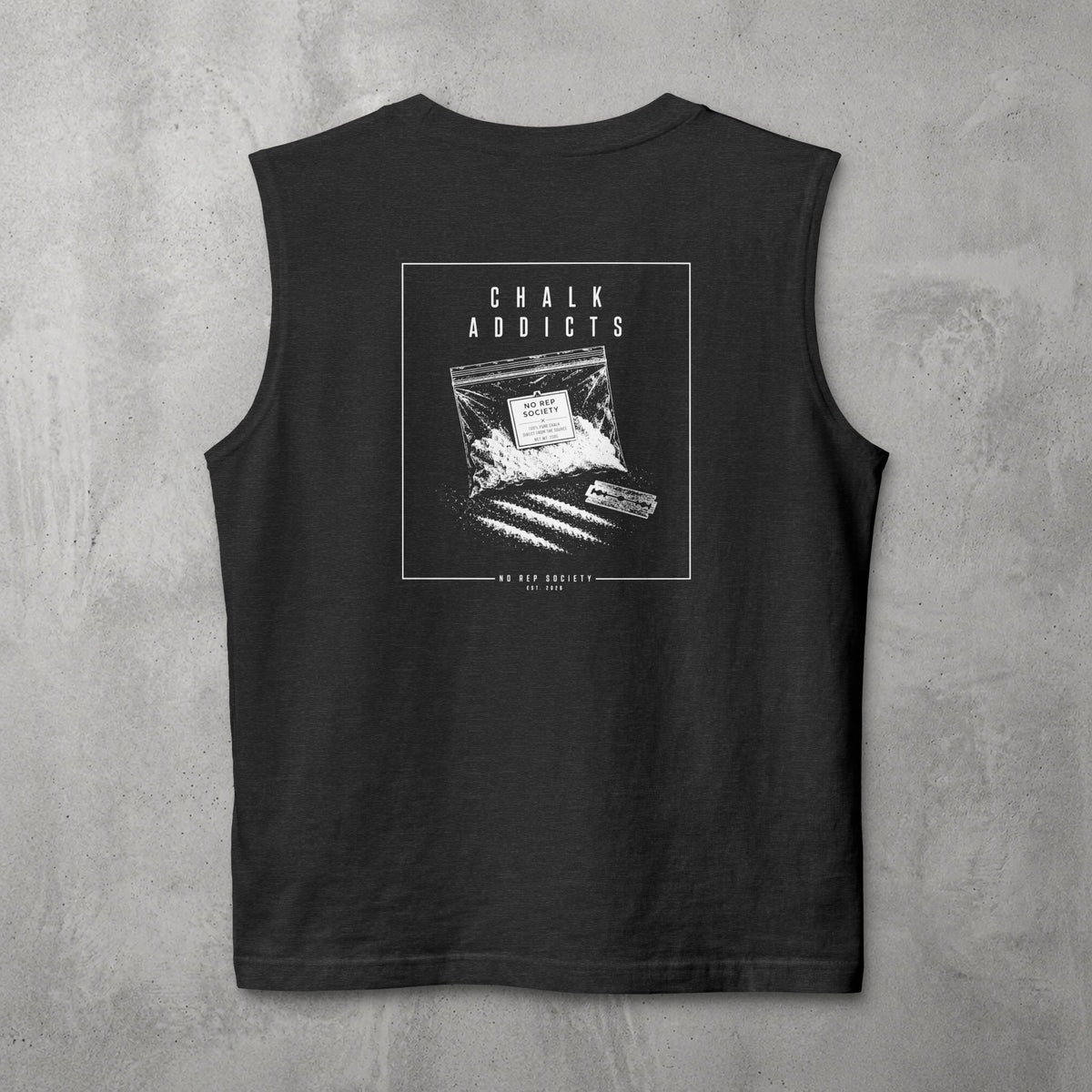 Dark Grey Heather Chalk Addicts Muscle Tank by The No Rep Society, flat lay on grey concrete, back print of an open bag of gym chalk spilling across a bordered frame under CHALK ADDICTS lettering.
