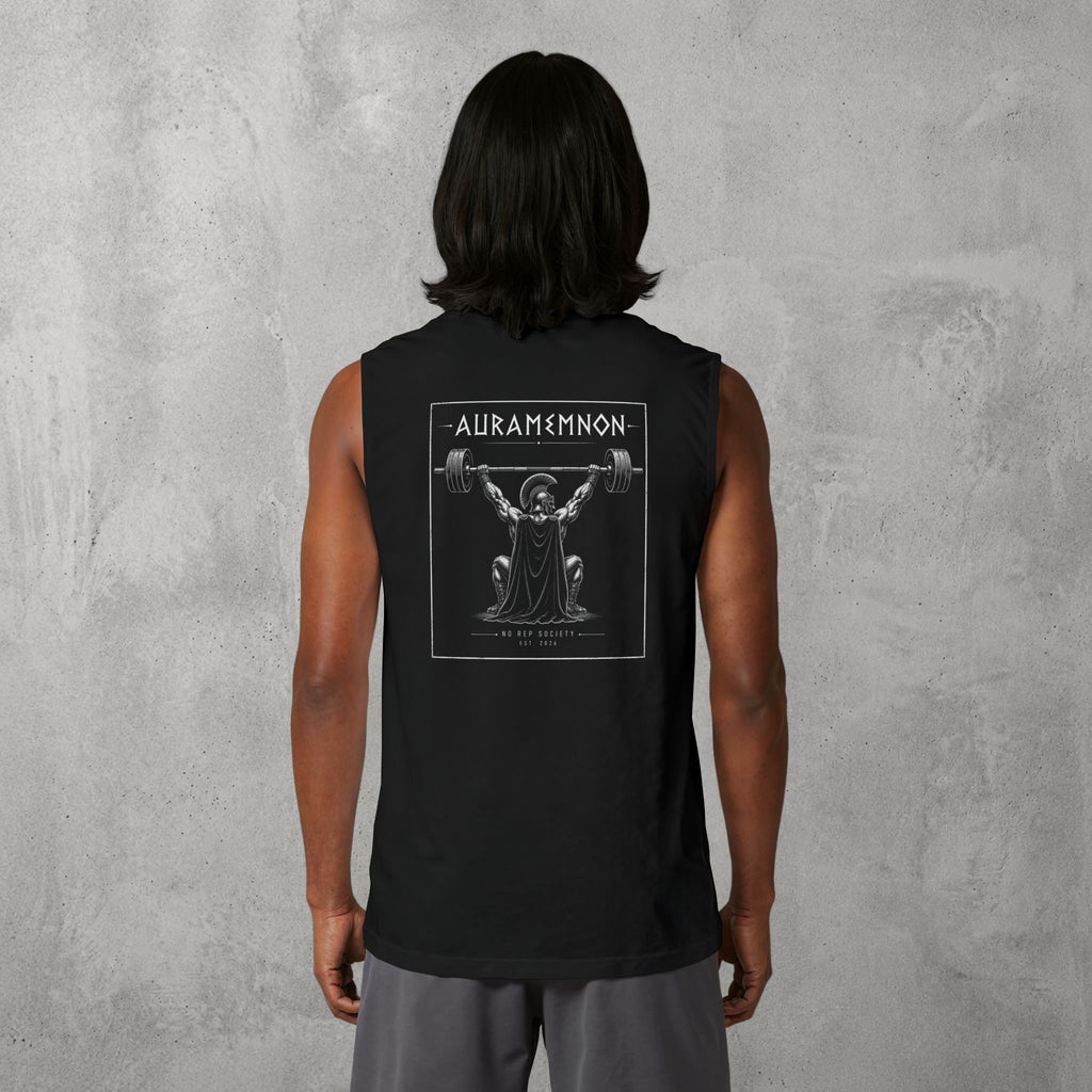 Black Auramemnon Muscle Tank worn by a female model, back view showing the Auramemnon print.