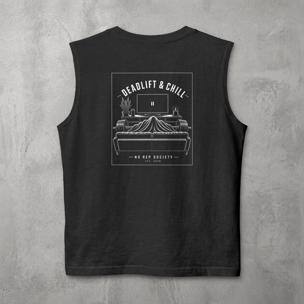 Dark Grey Heather Deadlift & Chill Muscle Tank by The No Rep Society, flat lay on grey concrete, back print of a bed and television drawn in fine line art under DEADLIFT & CHILL lettering.