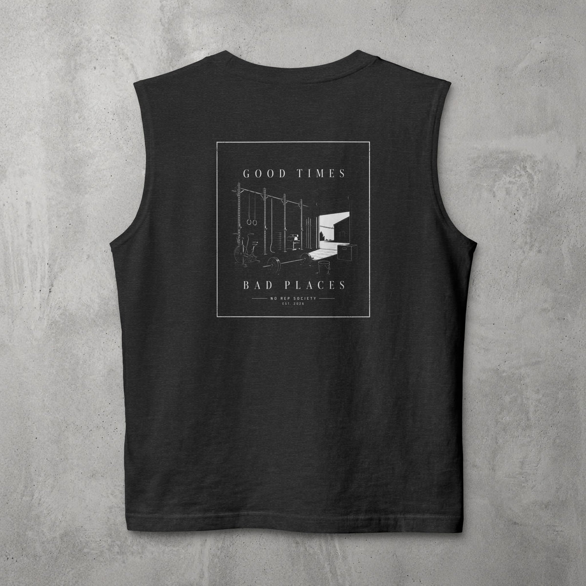 Dark Grey Heather Good Times, Bad Places Muscle Tank by The No Rep Society, flat lay on grey concrete, back print of a rowing machine in fine line art between GOOD TIMES and BAD PLACES lettering.