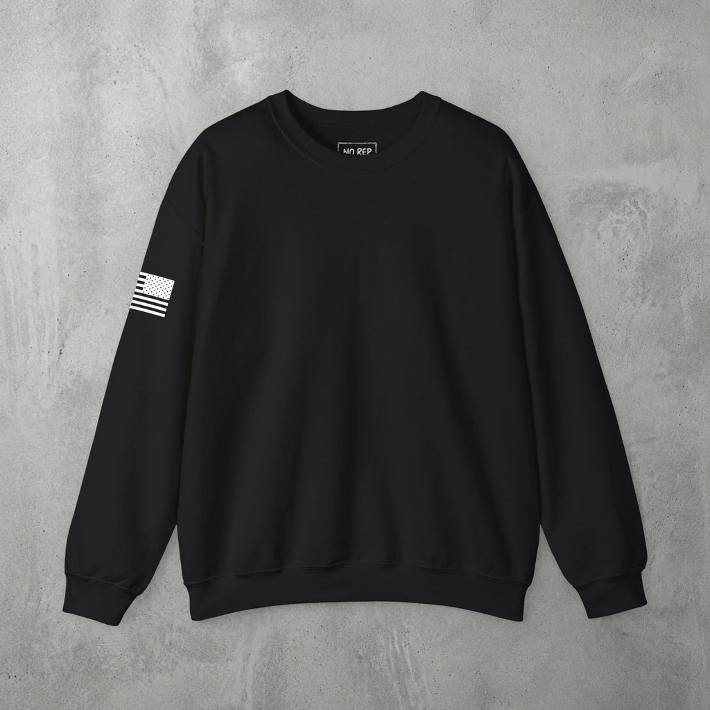 Black Chalk Addicts Crewneck by The No Rep Society, plain front view with no print, flat lay on grey concrete.
