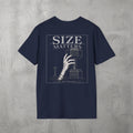 Navy Size Matters Tee by The No Rep Society, flat lay on grey concrete, back print of a hand gripping a large weight plate under SIZE MATTERS lettering.