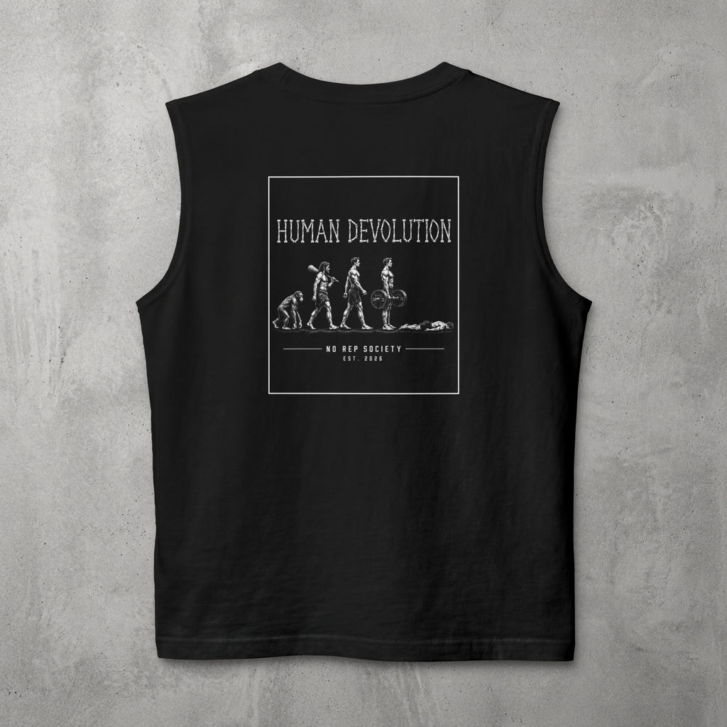 Black Human Devolution (MEN) Muscle Tank by The No Rep Society, flat lay on grey concrete, back print of evolution-of-man silhouettes ending face-down on the floor under HUMAN DEVOLUTION lettering.
