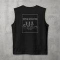 Black Human Devolution (WOMEN) Muscle Tank by The No Rep Society, flat lay on grey concrete, back print of evolution silhouettes ending face-down on the floor under HUMAN DEVOLUTION lettering.