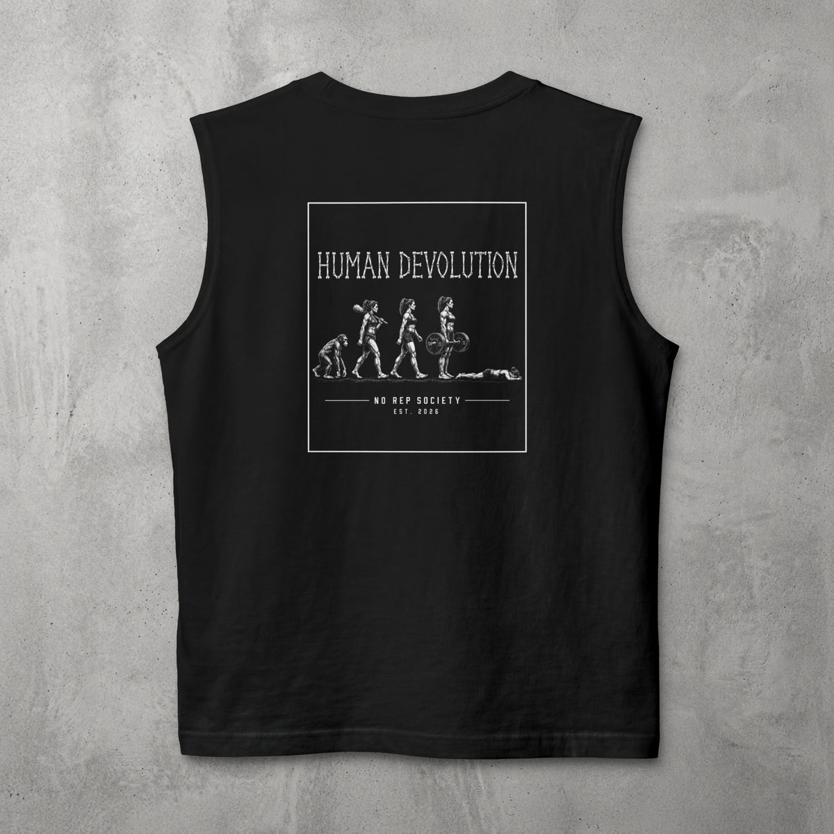 Black Human Devolution (WOMEN) Muscle Tank by The No Rep Society, flat lay on grey concrete, back print of evolution silhouettes ending face-down on the floor under HUMAN DEVOLUTION lettering.