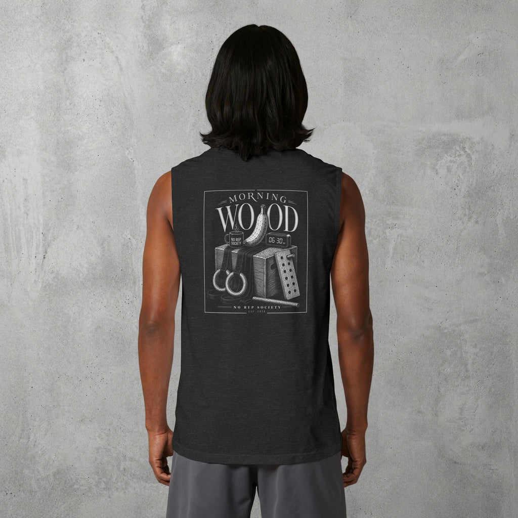 Dark Grey Heather Morning Wood Muscle Tank worn by a female model, back view showing the Morning Wood print.